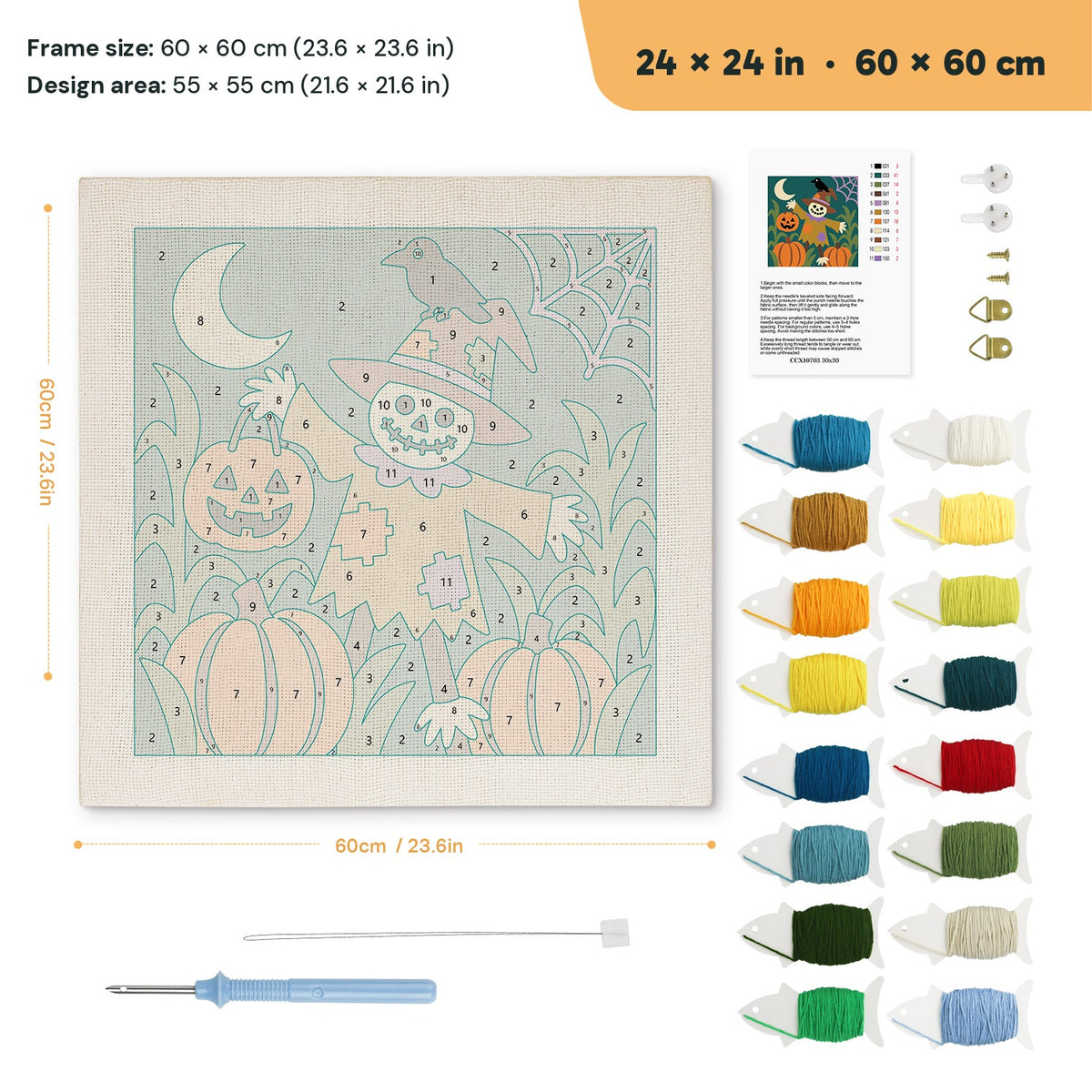 Skull Scarecrow Patch punch needle kit, 24 × 24 in (60 × 60 cm): canvas size and kit contents