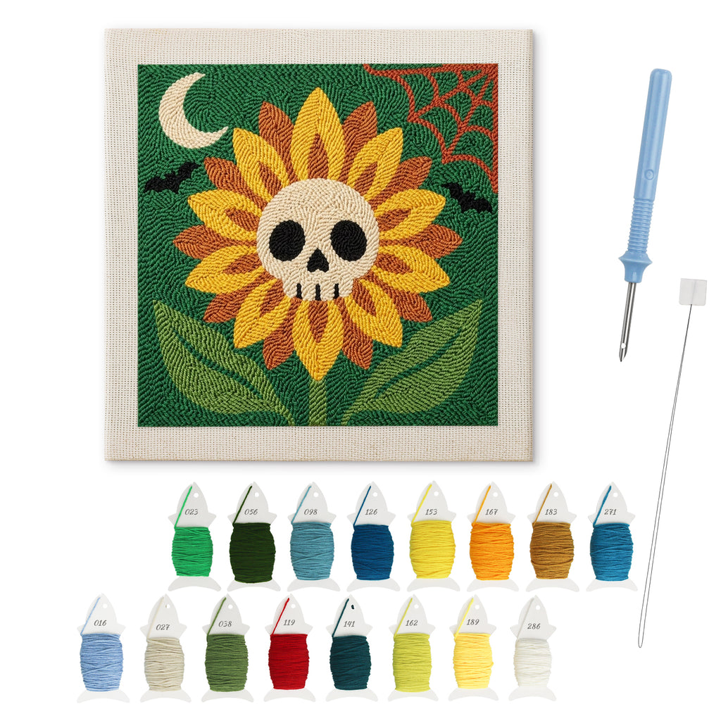 Skull Sunflower punch needle kit: finished canvas with threads, punch needle and threader