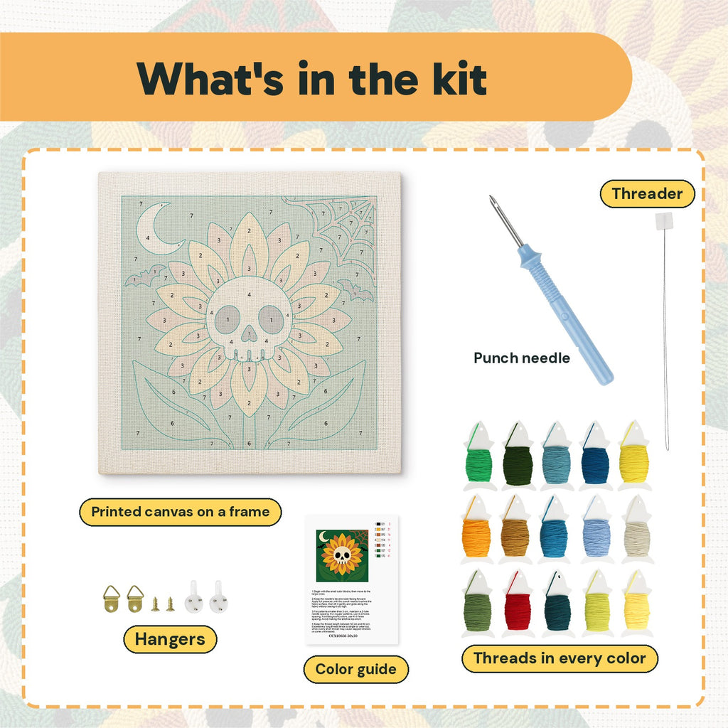 What is in the Skull Sunflower kit: printed canvas, punch needle, threader, threads, color guide and hangers