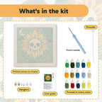 What is in the Skull Sunflower kit: printed canvas, punch needle, threader, threads, color guide and hangers