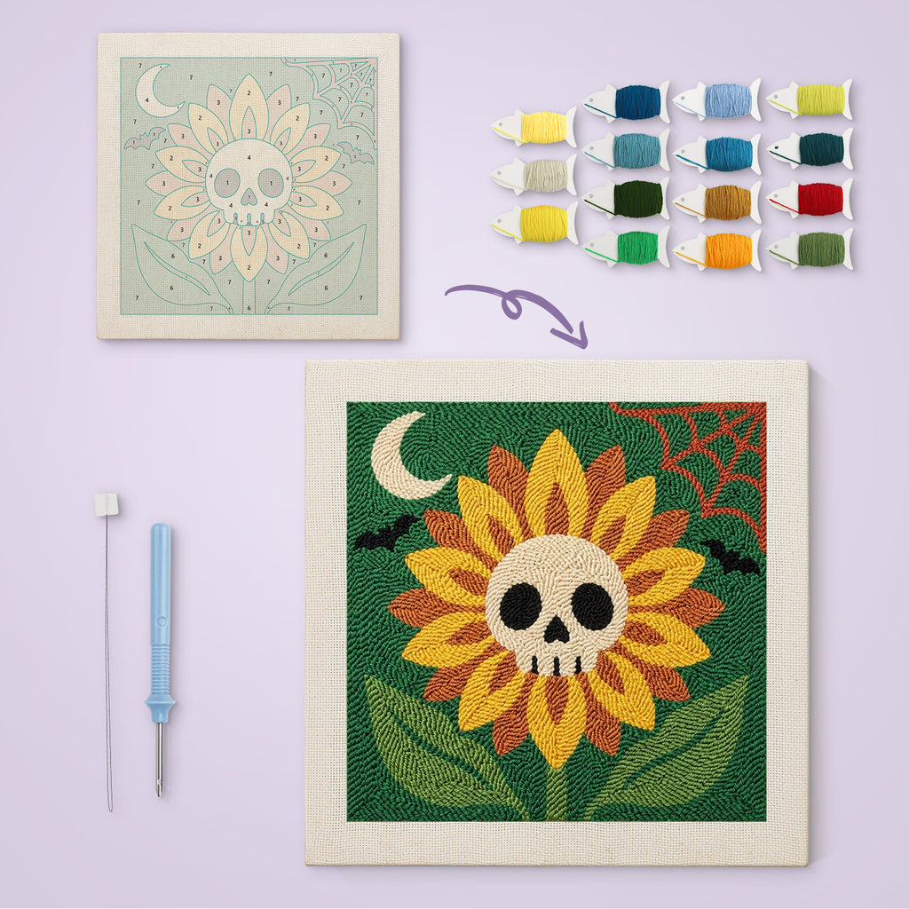 Skull Sunflower canvas before and after punching, with the threads and tools