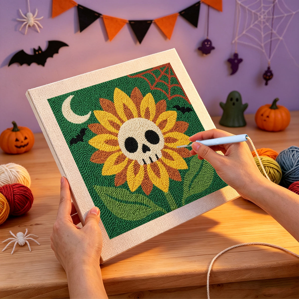 Punching the Skull Sunflower design with the punch needle