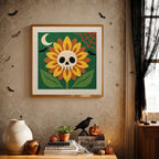 Finished Skull Sunflower punch needle canvas on a wall