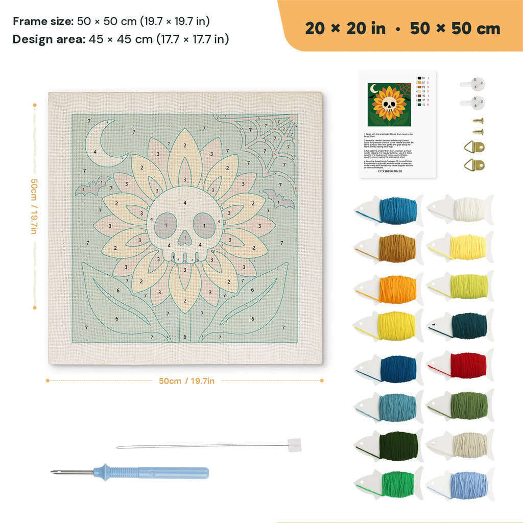 Skull Sunflower punch needle kit, 20 × 20 in (50 × 50 cm): canvas size and kit contents