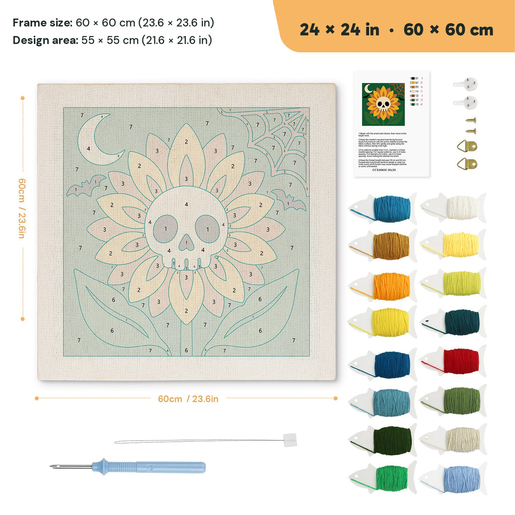 Skull Sunflower punch needle kit, 24 × 24 in (60 × 60 cm): canvas size and kit contents
