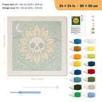 Skull Sunflower punch needle kit, 24 × 24 in (60 × 60 cm): canvas size and kit contents