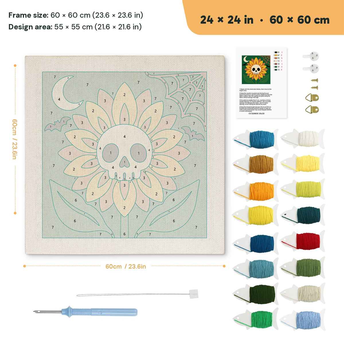 Skull Sunflower punch needle kit, 24 × 24 in (60 × 60 cm): canvas size and kit contents
