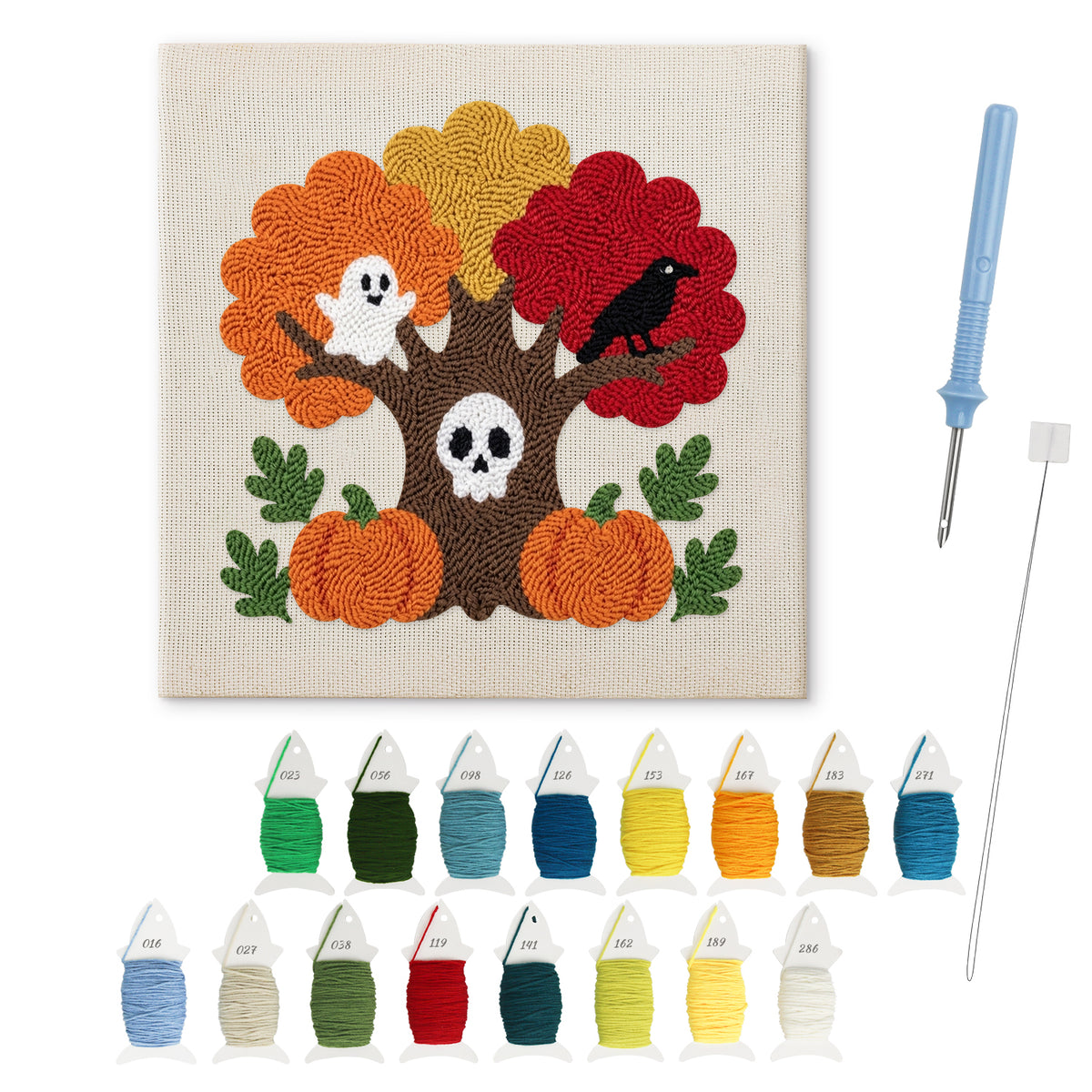 Skull Tree and Ghost punch needle kit: finished canvas with threads, punch needle and threader