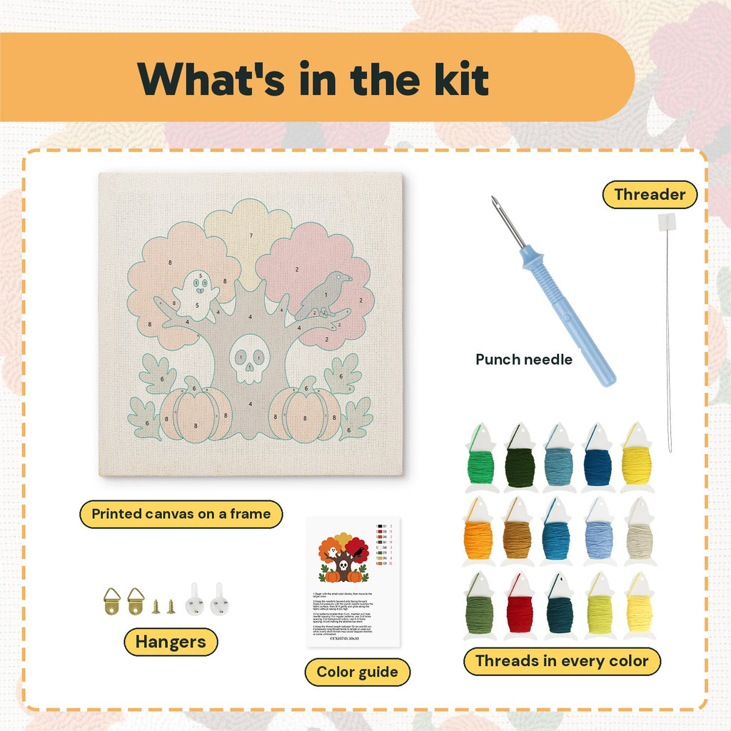 What is in the Skull Tree and Ghost kit: printed canvas, punch needle, threader, threads, color guide and hangers