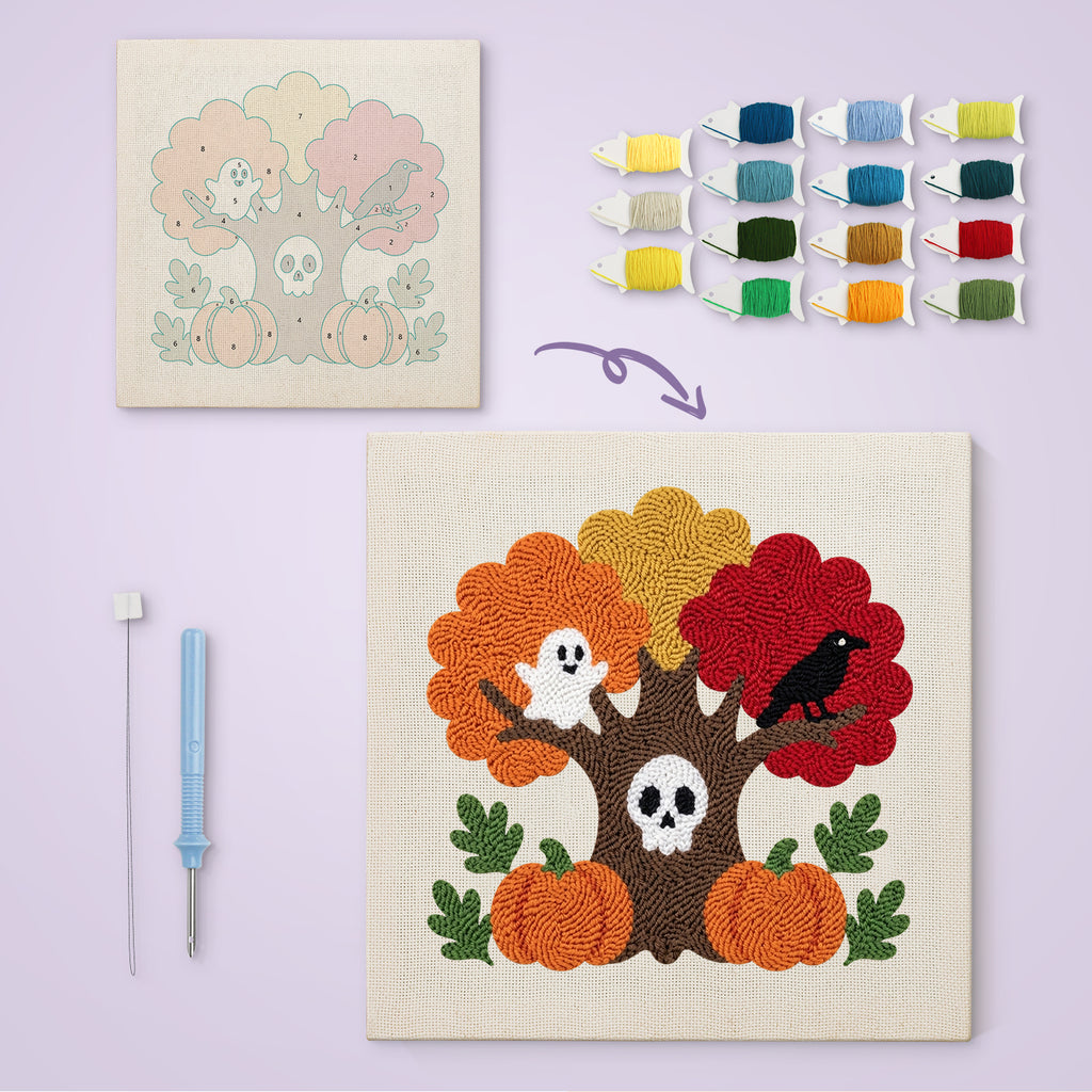 Skull Tree and Ghost canvas before and after punching, with the threads and tools
