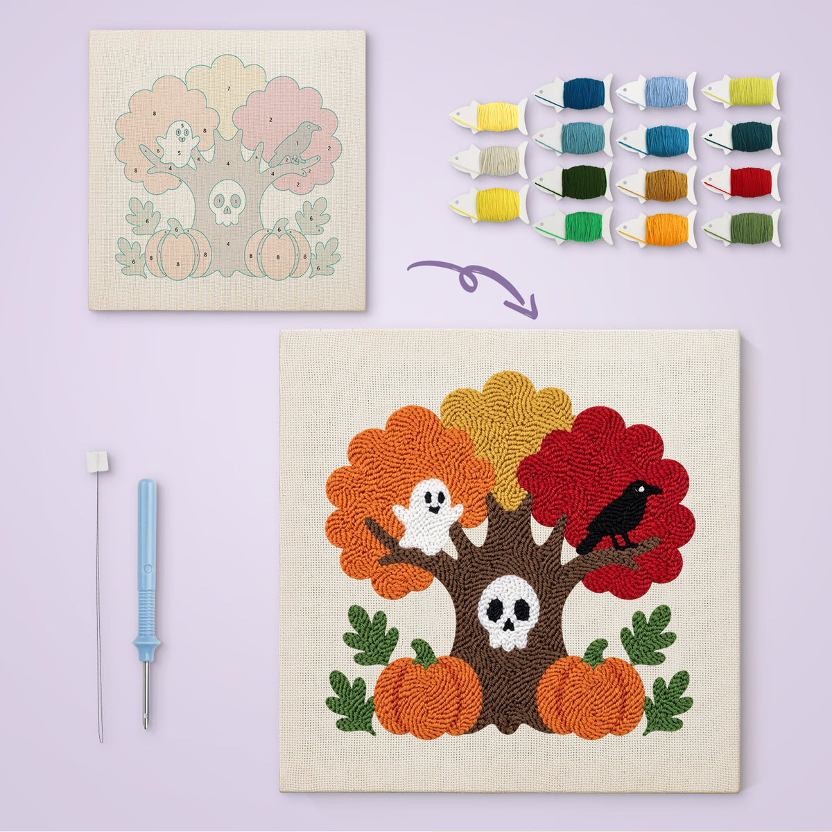 Skull Tree and Ghost canvas before and after punching, with the threads and tools