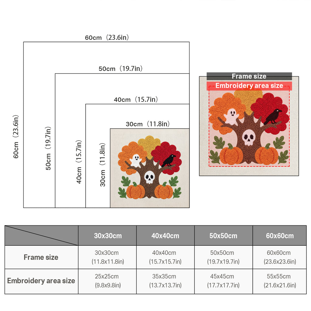 Size chart for square punch needle kits from 30 x 30 cm to 60 x 60 cm