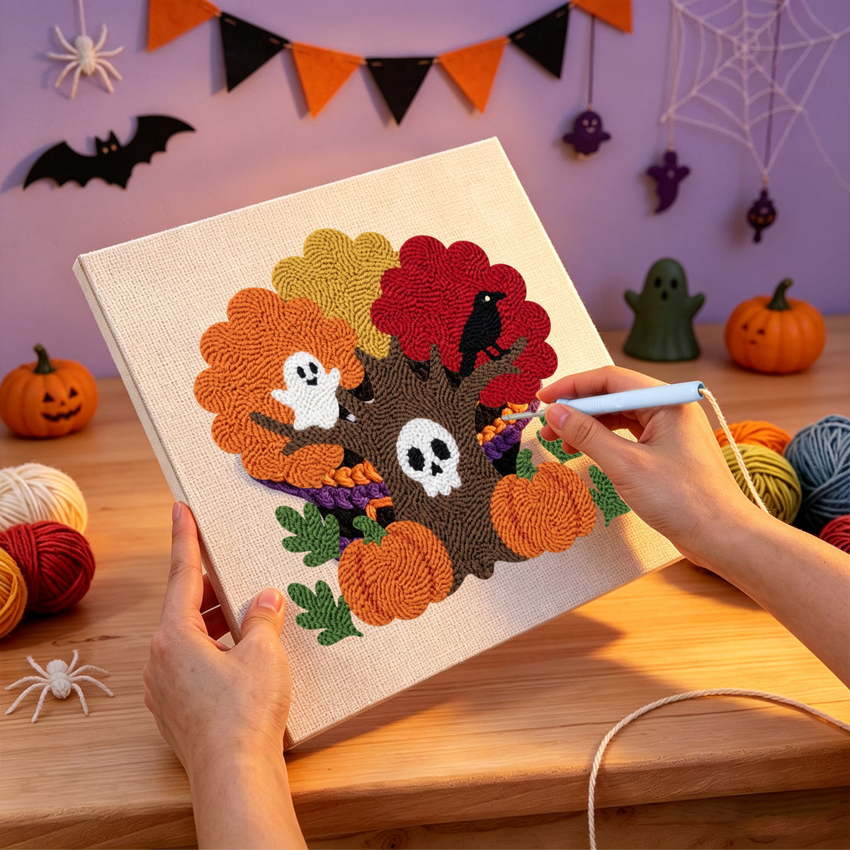 Punching the Skull Tree and Ghost design with the punch needle