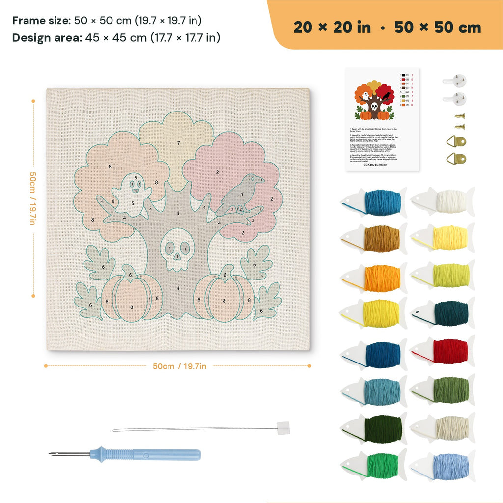Skull Tree and Ghost punch needle kit, 20 × 20 in (50 × 50 cm): canvas size and kit contents