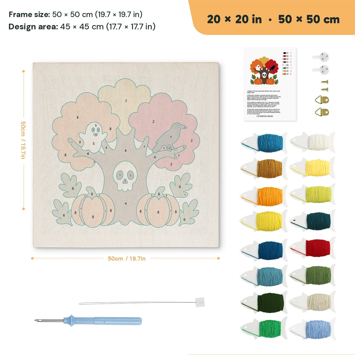 Skull Tree and Ghost punch needle kit, 20 × 20 in (50 × 50 cm): canvas size and kit contents