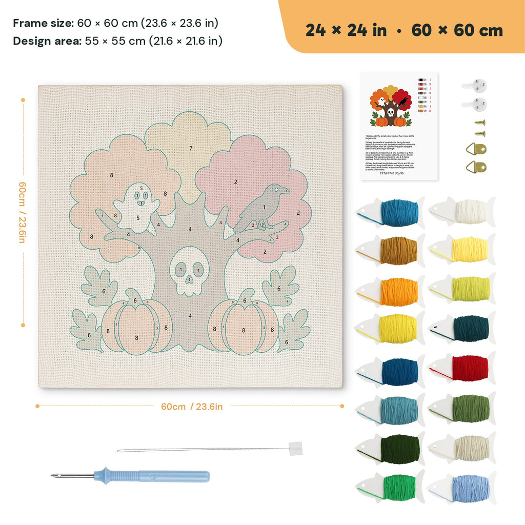 Skull Tree and Ghost punch needle kit, 24 × 24 in (60 × 60 cm): canvas size and kit contents