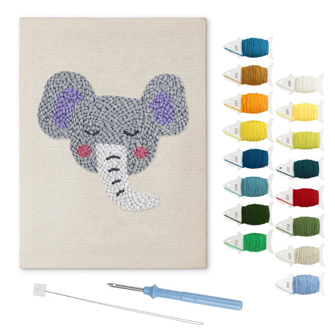 Sleepy Elephant punch needle kit: finished canvas with threads, punch needle and threader