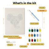 What is in the Sleepy Elephant kit: printed canvas, punch needle, threader, threads, color guide and hangers
