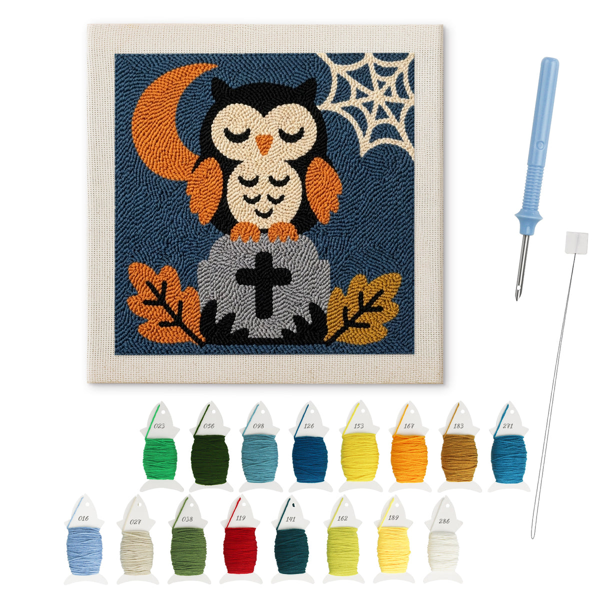 Sleepy Graveyard Owl punch needle kit: finished canvas with threads, punch needle and threader