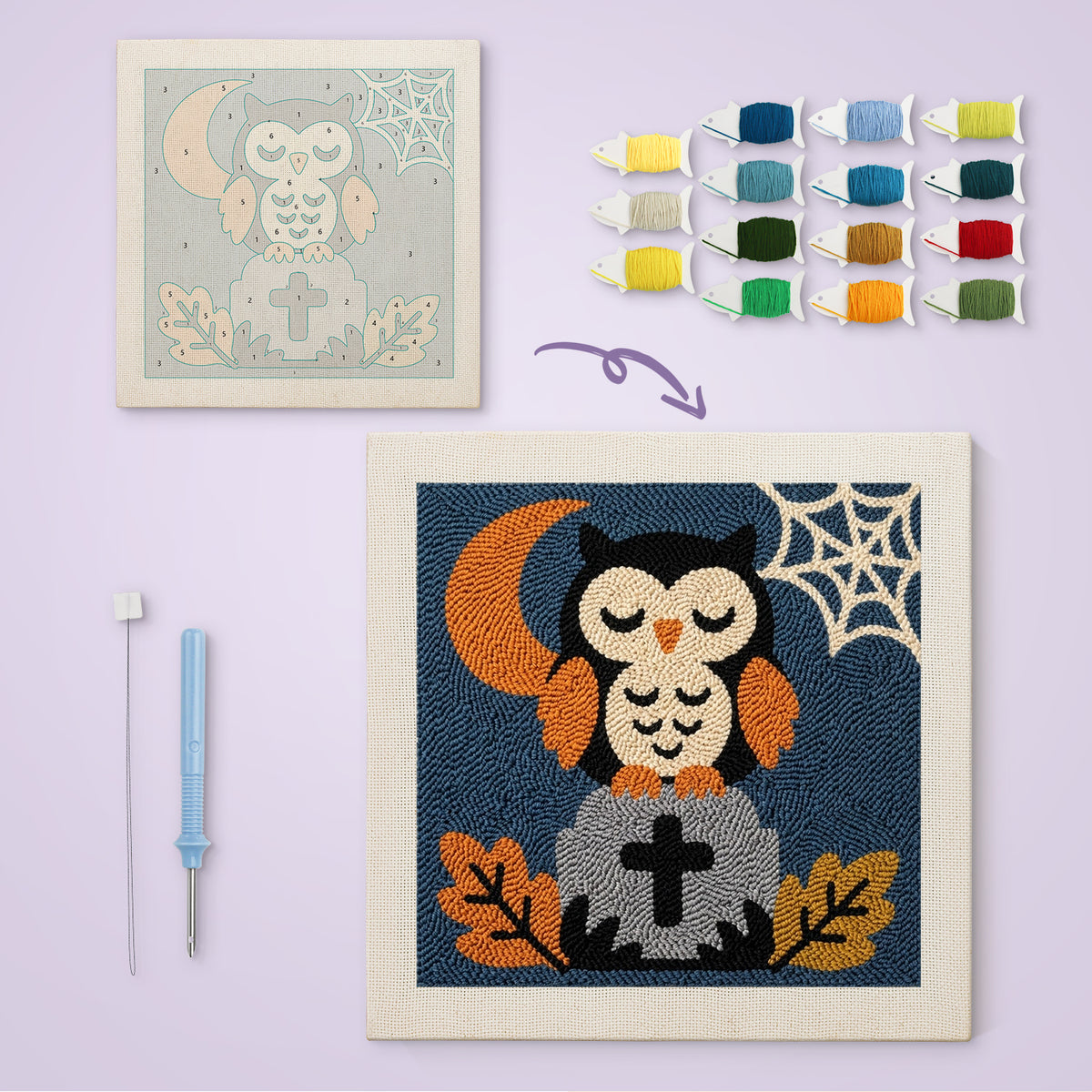 Sleepy Graveyard Owl canvas before and after punching, with the threads and tools