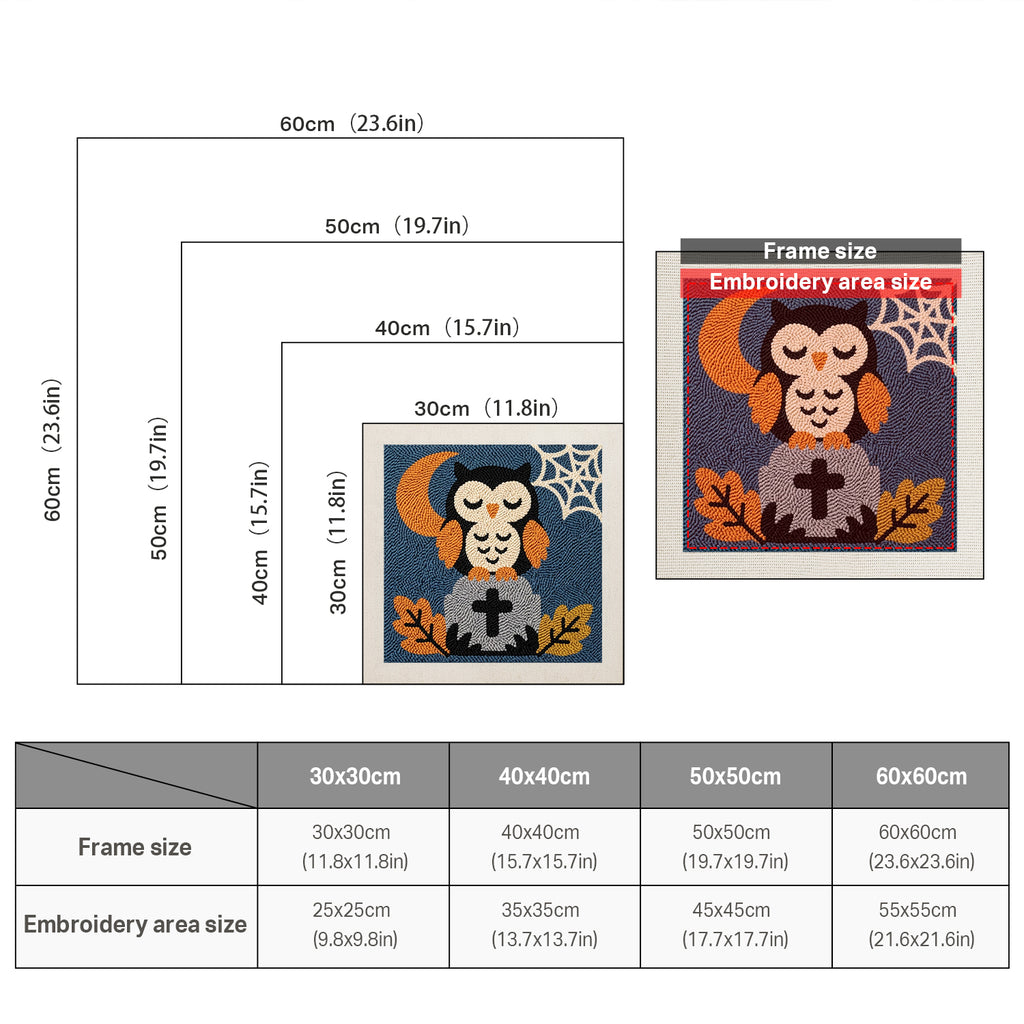 Size chart for square punch needle kits from 30 x 30 cm to 60 x 60 cm