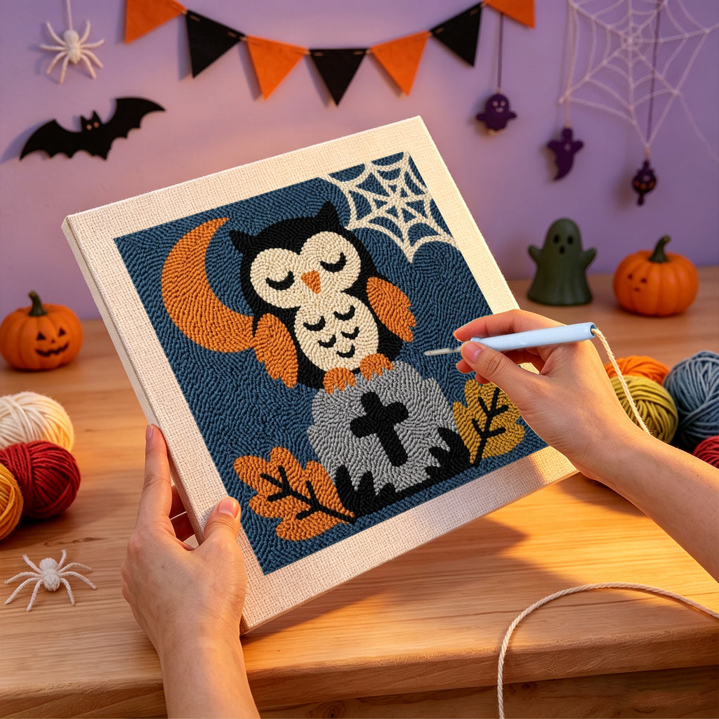 Punching the Sleepy Graveyard Owl design with the punch needle