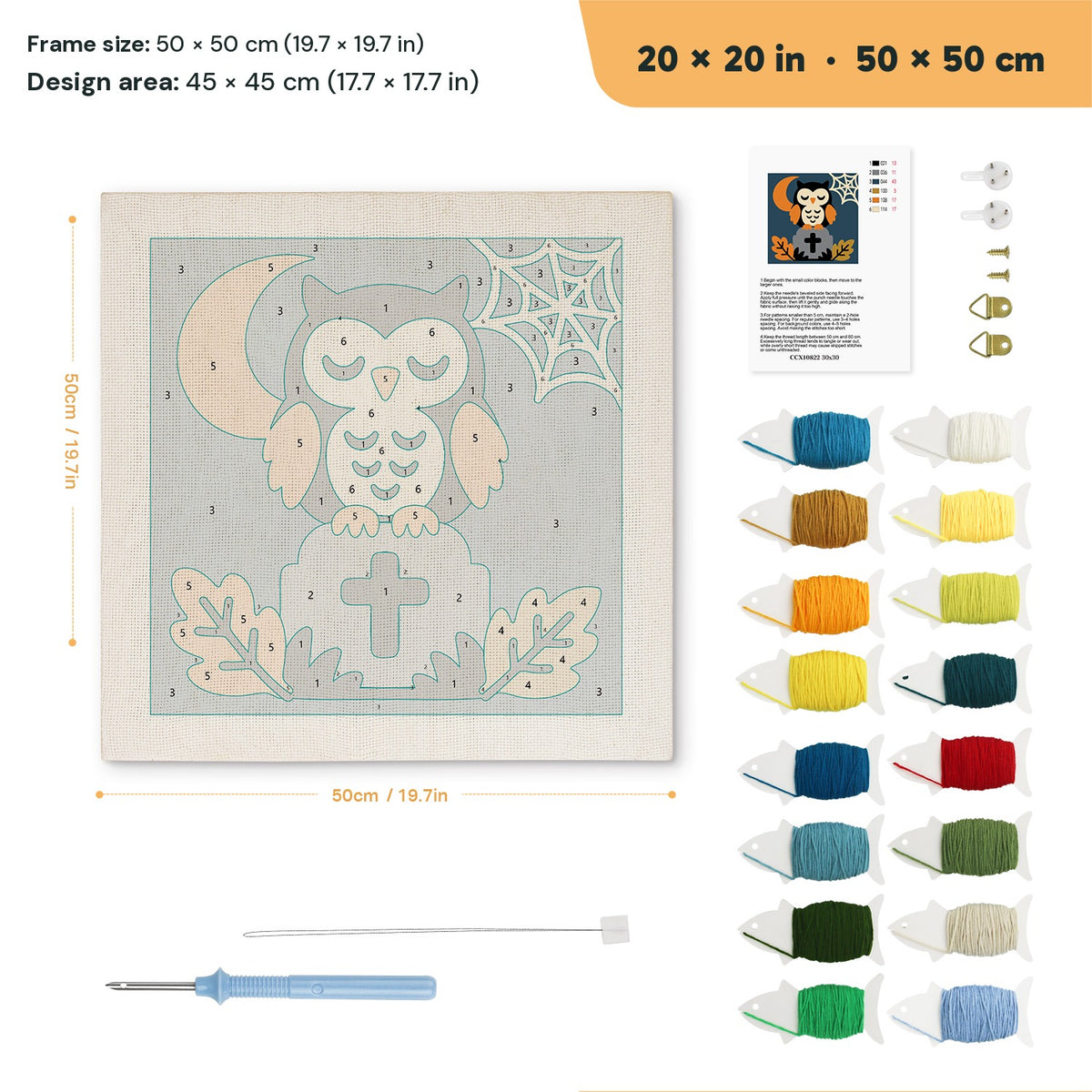 Sleepy Graveyard Owl punch needle kit, 20 × 20 in (50 × 50 cm): canvas size and kit contents