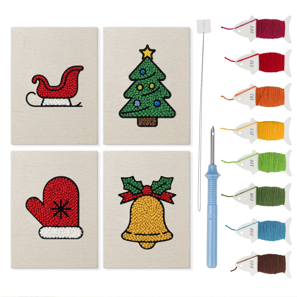 Sleigh and Mitten mini punch needle kit set: four finished canvases with threads, punch needle and threader