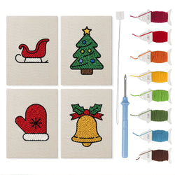 Sleigh and Mitten mini punch needle kit set: four finished canvases with threads, punch needle and threader