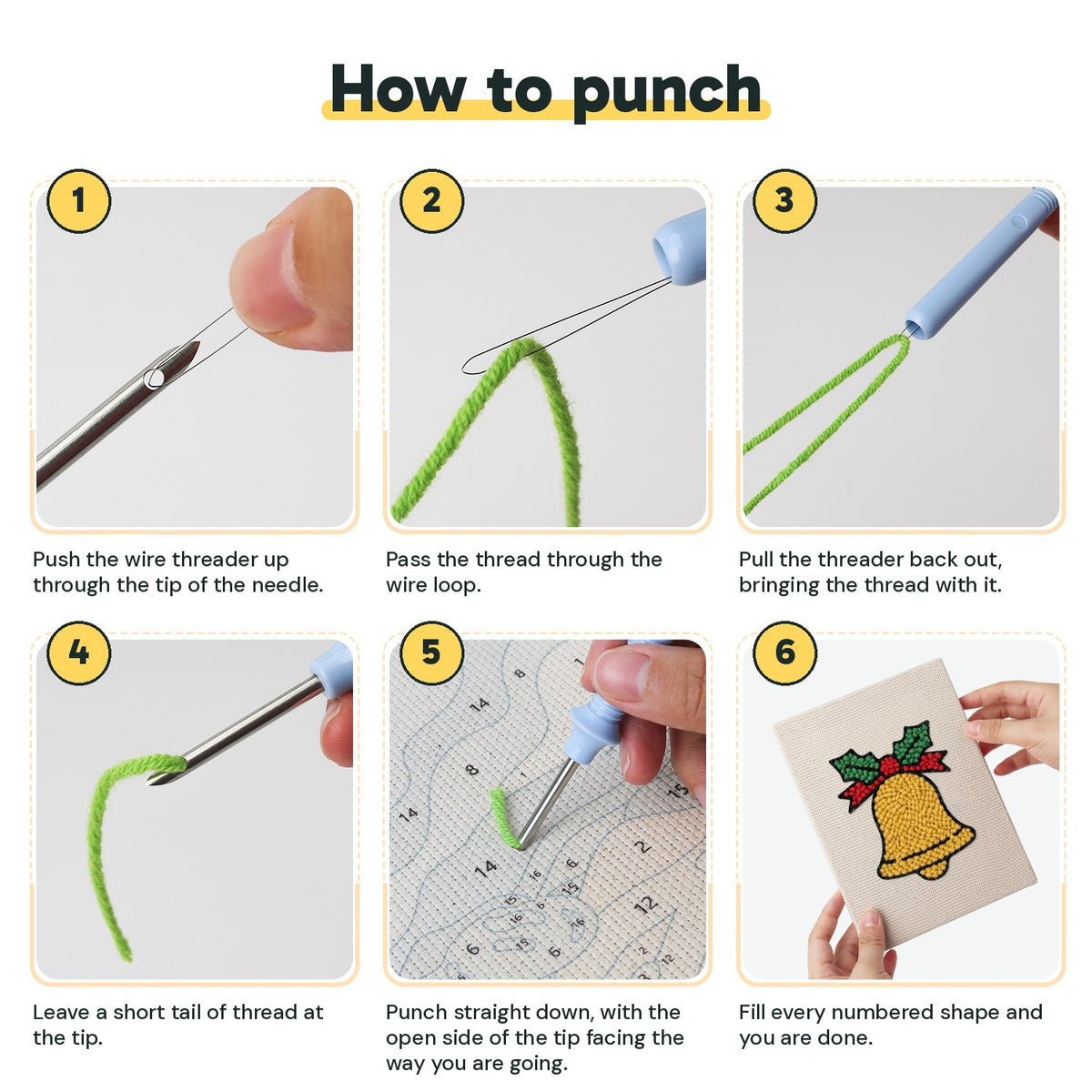 Six steps showing how to thread and use the punch needle
