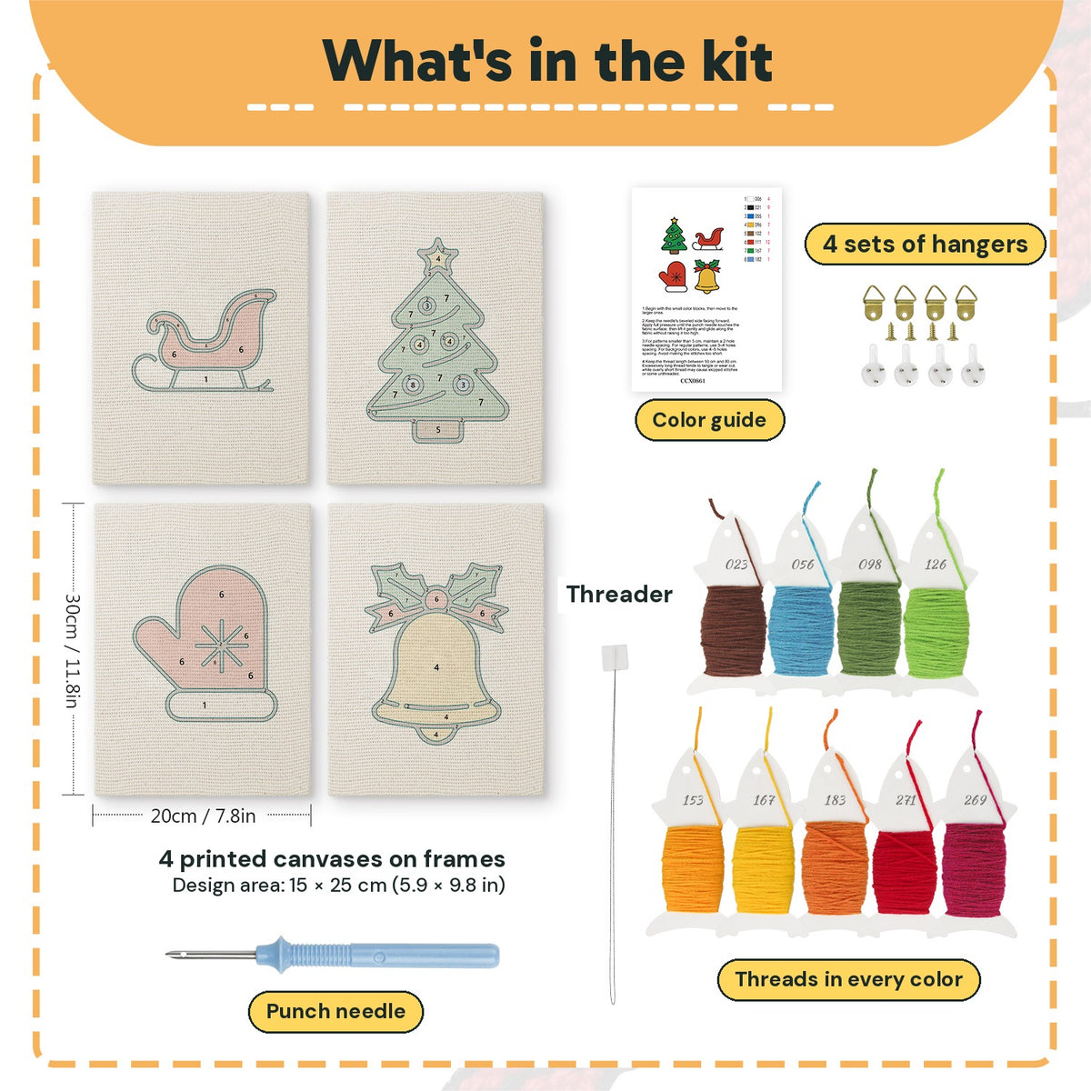 What is in the Sleigh and Mitten set, 8 × 12 in (20 × 30 cm) each: 4 printed canvases, punch needle, threader, threads, color guide and 4 sets of hangers