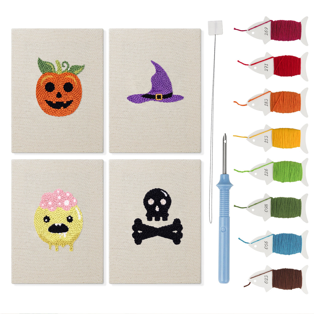 Slime and Crossbones mini punch needle kit set: four finished canvases with threads, punch needle and threader