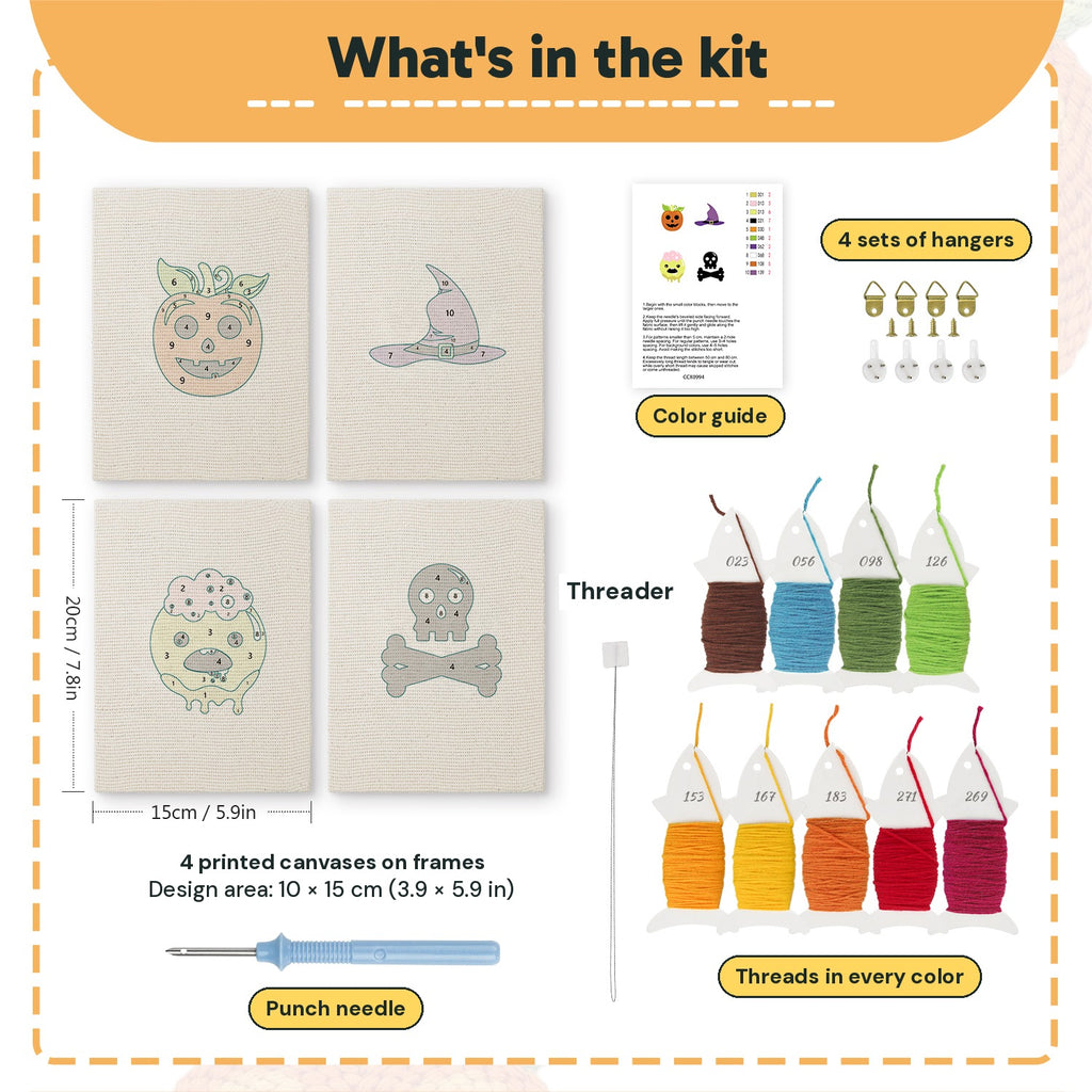 What is in the Slime and Crossbones set: 4 printed canvases, punch needle, threader, threads, color guide and 4 sets of hangers (6 × 8 in (15 × 20 cm) each)