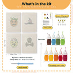 What is in the Slime and Crossbones set: 4 printed canvases, punch needle, threader, threads, color guide and 4 sets of hangers (6 × 8 in (15 × 20 cm) each)
