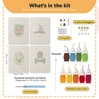What is in the Slime and Crossbones set, 8 × 12 in (20 × 30 cm) each: 4 printed canvases, punch needle, threader, threads, color guide and 4 sets of hangers