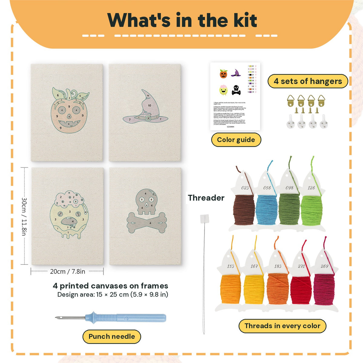 What is in the Slime and Crossbones set, 8 × 12 in (20 × 30 cm) each: 4 printed canvases, punch needle, threader, threads, color guide and 4 sets of hangers