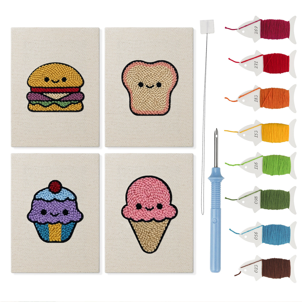 Smiley Snacks mini punch needle kit set: four finished canvases with threads, punch needle and threader