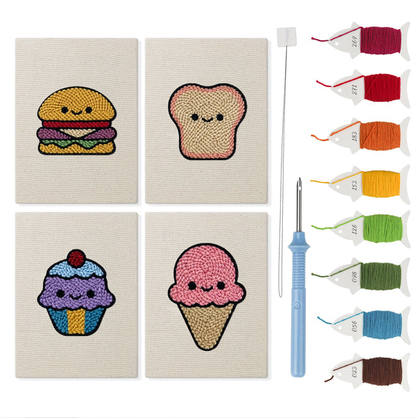 Smiley Snacks mini punch needle kit set: four finished canvases with threads, punch needle and threader