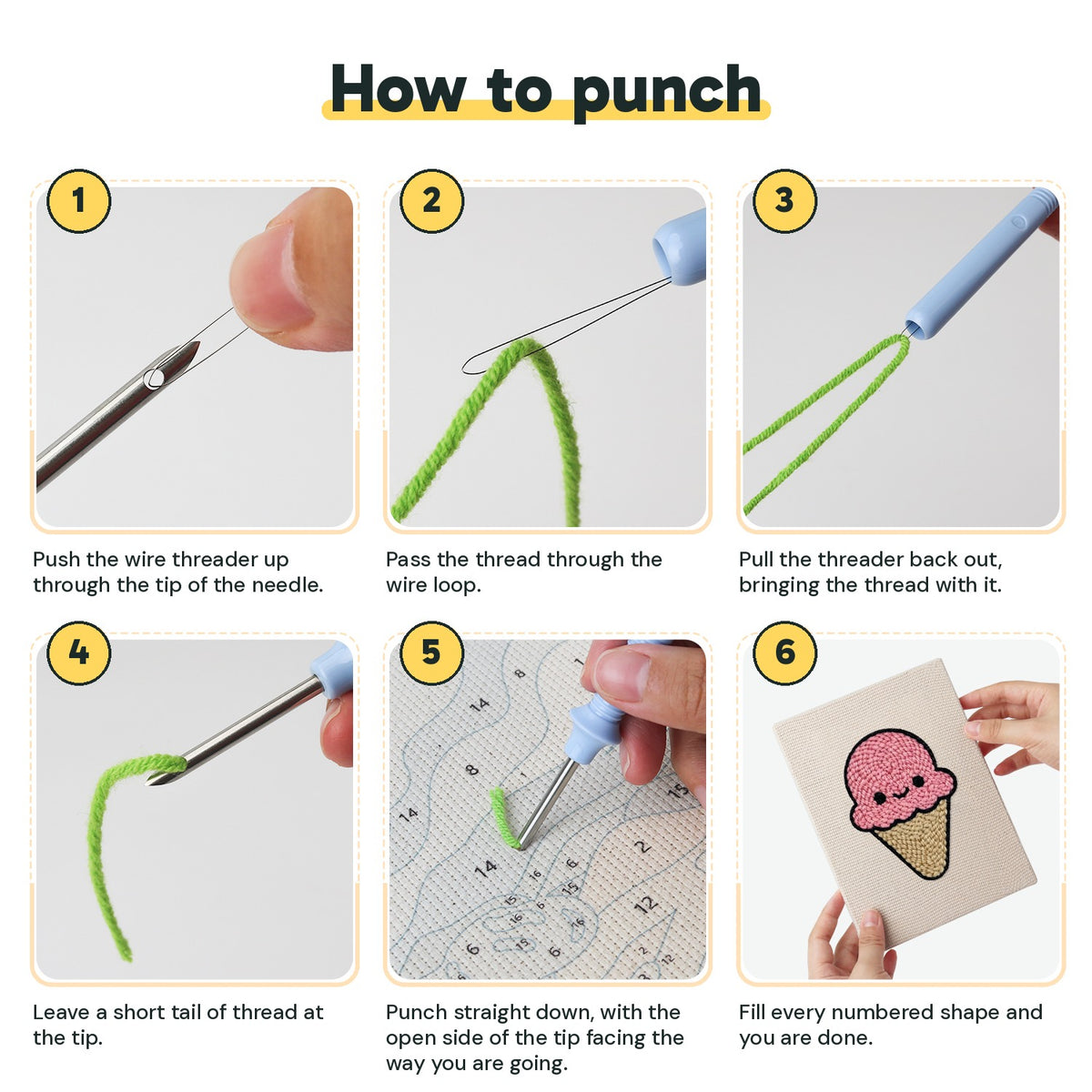 Six steps showing how to thread and use the punch needle