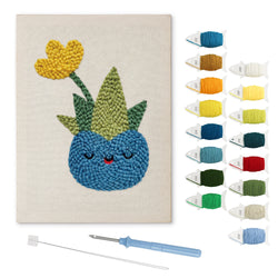 Smiling Blue Pot punch needle kit: finished canvas with threads, punch needle and threader
