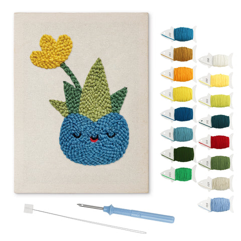 Smiling Blue Pot punch needle kit: finished canvas with threads, punch needle and threader
