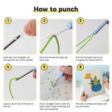Six steps showing how to thread and use the punch needle
