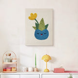 Finished Smiling Blue Pot punch needle canvas on a wall