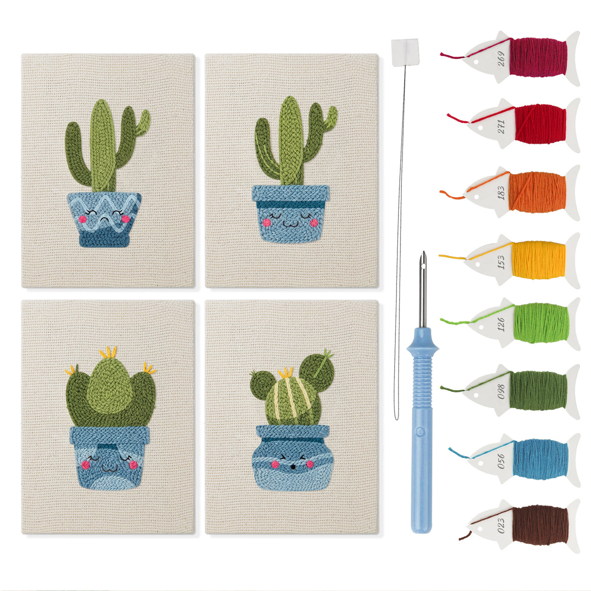 Smiling Blue Pots mini punch needle kit set: four finished canvases with threads, punch needle and threader