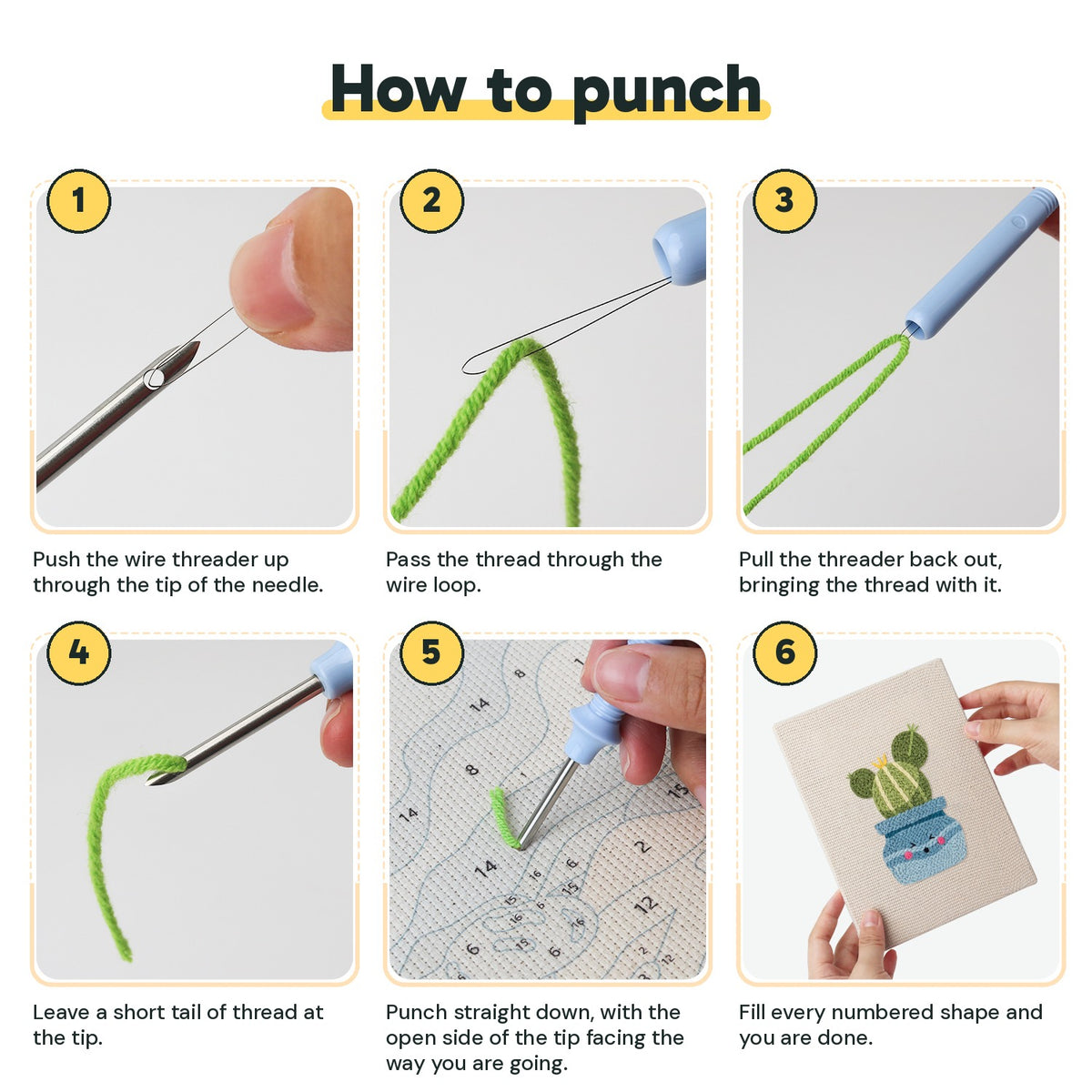 Six steps showing how to thread and use the punch needle