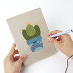 Punching a Smiling Blue Pots mini canvas with the punch needle