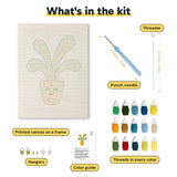 What is in the Smiling Orange Pot kit: printed canvas, punch needle, threader, threads, color guide and hangers