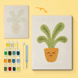 Smiling Orange Pot canvas before and after punching, with the threads and tools