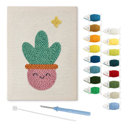 Smiling Pink Pot punch needle kit: finished canvas with threads, punch needle and threader