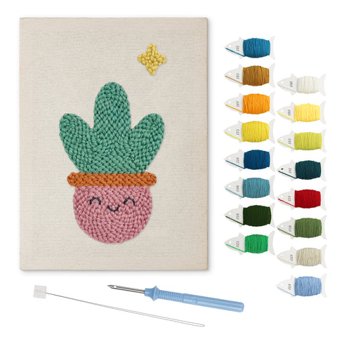 Smiling Pink Pot punch needle kit: finished canvas with threads, punch needle and threader